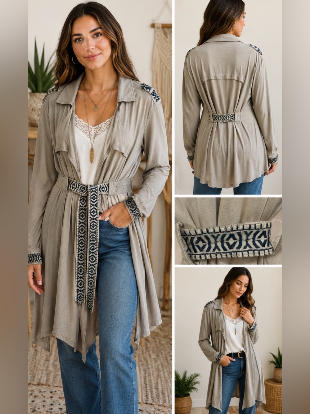 POL Taupe Cardigan with Black Embroidery M
